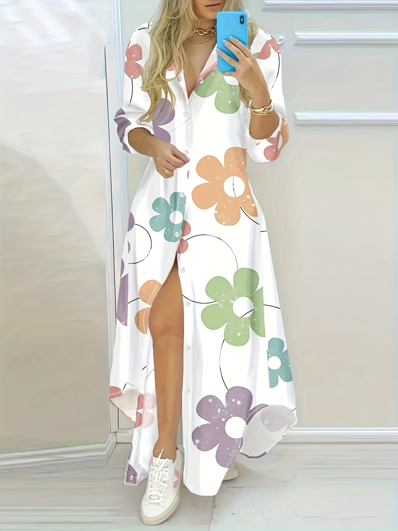 women's elegant floral print long sleeve shirt dress pastel Temu