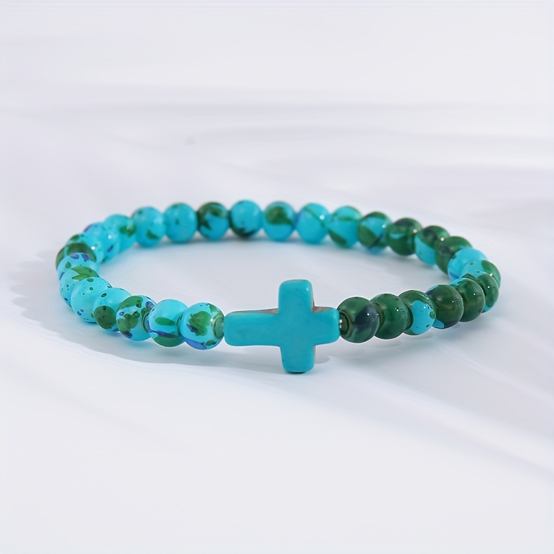 Boho Style 6mm Turquoise Cross Bracelet for Men & Women