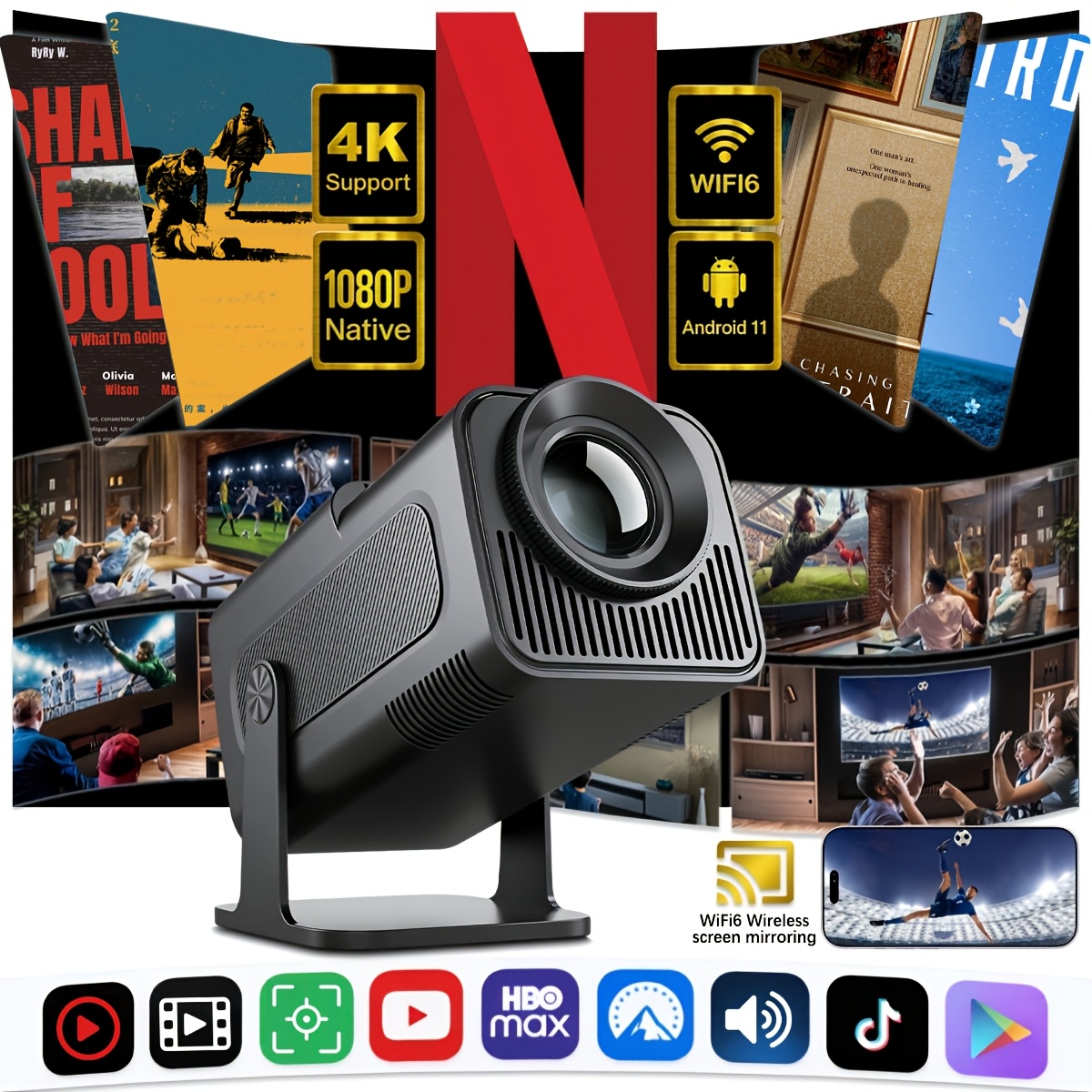 TEMU Smart Projector With 11, Local 1080p Full Hd, Wifi 6, Wireless 5.4, 210 Ansi, 4k , Compatible With Netflix Video, For Home Theater, Bedroom