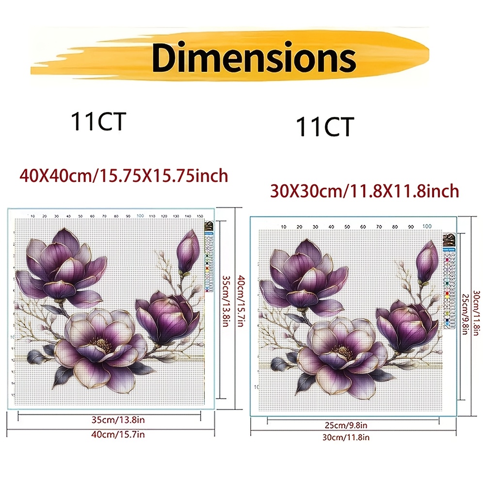 Cross-Stitch Printed Kit, Original Design, "Purple Magnolia Floral Illustration"