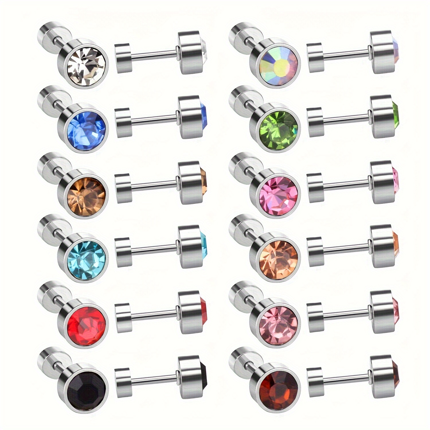 Image of 12 Pairs 6mm Pave Round Multicolor Synthetic Synthetic Synthetic Zircon​​ 18k Gold Plated Stainless Steel Screwback Stud Earrings Unisex For Boys And Girls