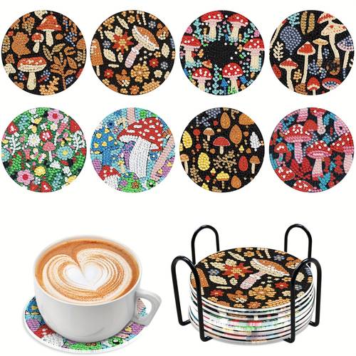 painting coasters kit with holder diy diamond cute mushroom coasters for beginners dots crafts supplies diamond dot kits for decorations garden yard decoration home kitchen decor gifts