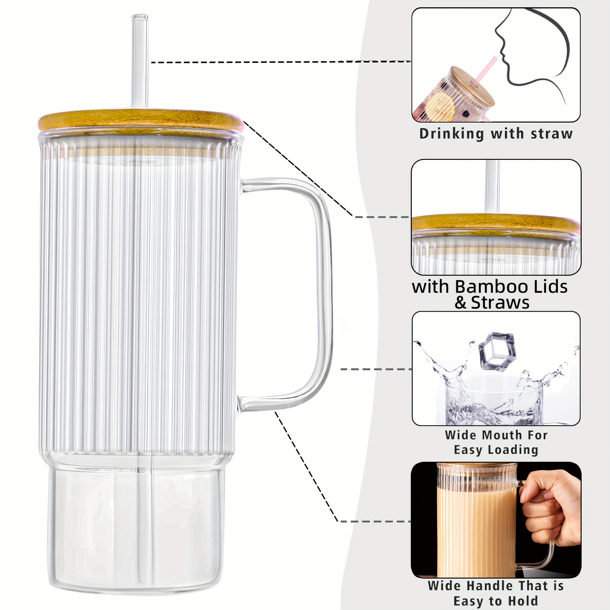 32oz 리브드 유리컵 손잡이 포함, 유리 텀블러 손잡이 포함, 빨대와 대나무 뚜껑이 있는 음료용 유리잔, 대용량 유리 물병, 아이스 커피 컵 뚜껑 포함