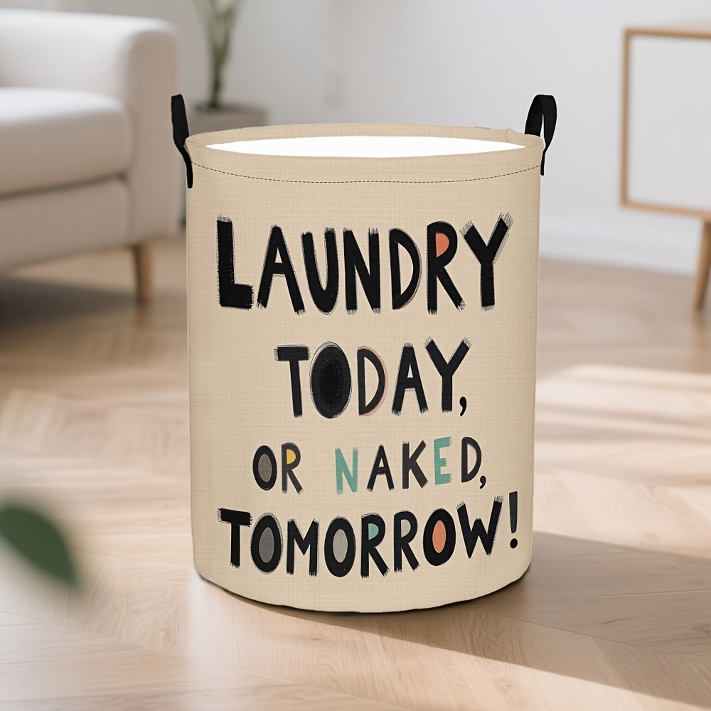 TEMU Large Round Laundry Basket With Quote Design, Foldable Oxford Cloth, Ideal For Bathroom And Dormitory Storage, Storage Basket, Large Capacity