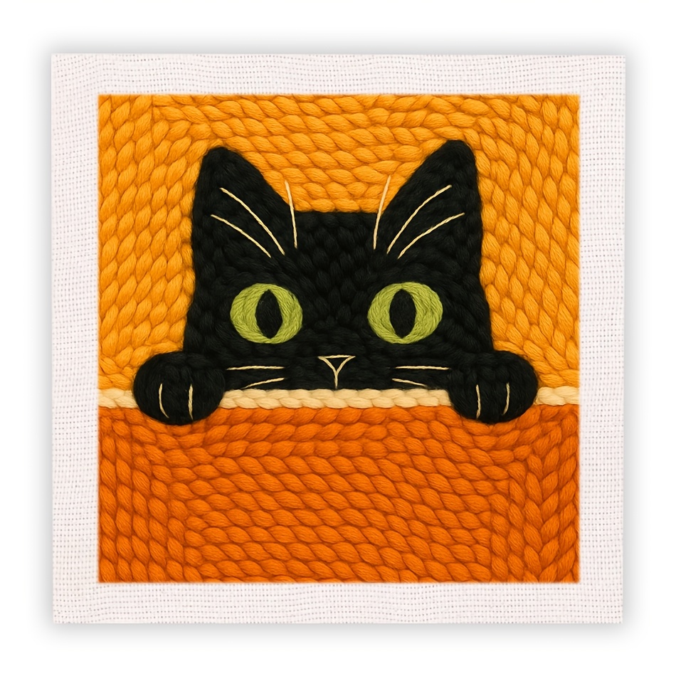 TEMU Felt Kit For Needle Punching, Includes Embroidery Tools And Materials, Features A Little Black Cat With A Frame, Punch Needle Supplies, Size