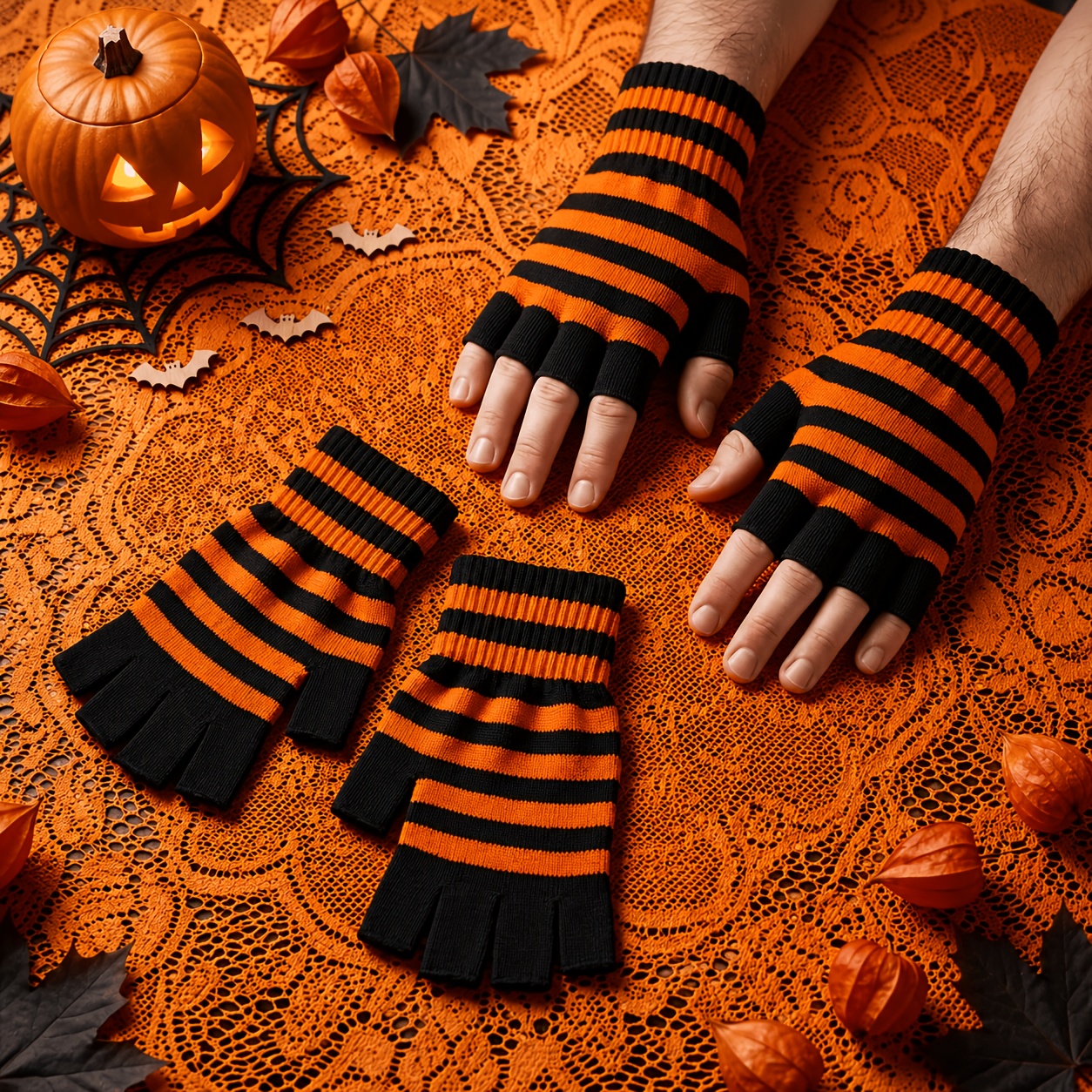 TEMU Een paar Halloween gestreepte halfvinger gebreide handschoenen, dezelfde stijl voor heren en dames, Halloween decoratie, trendy all-match warme