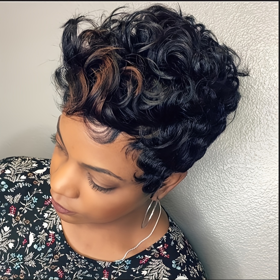 TEMU Black Hair With Mixed Brown Bangs Synthetic Curly Hair Wigs For Women Short Afro Curly Hairstyles For Women Mixed Brown Haircut Wig
