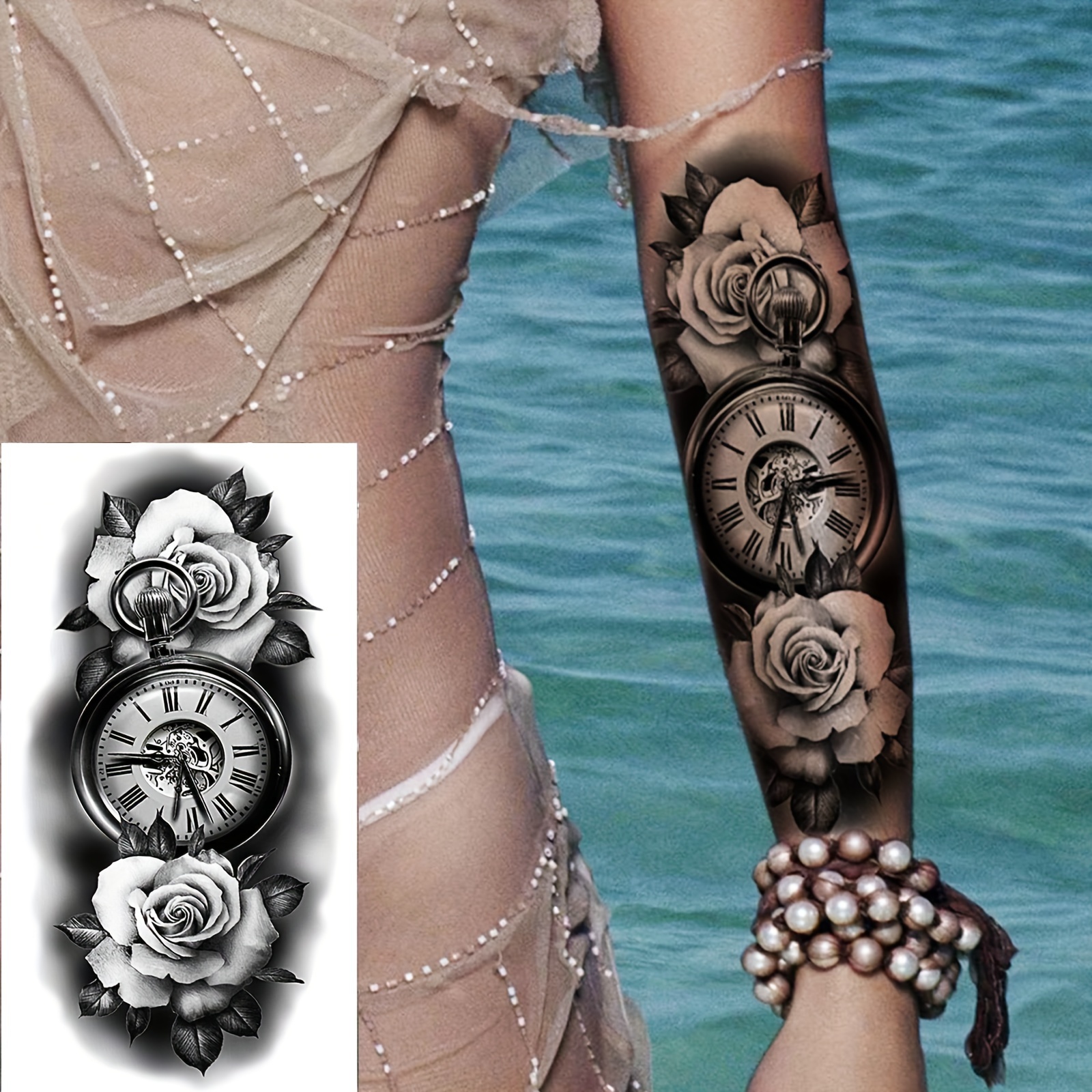 3d rose compass clock temporary tattoos men women long Temu Denmark
