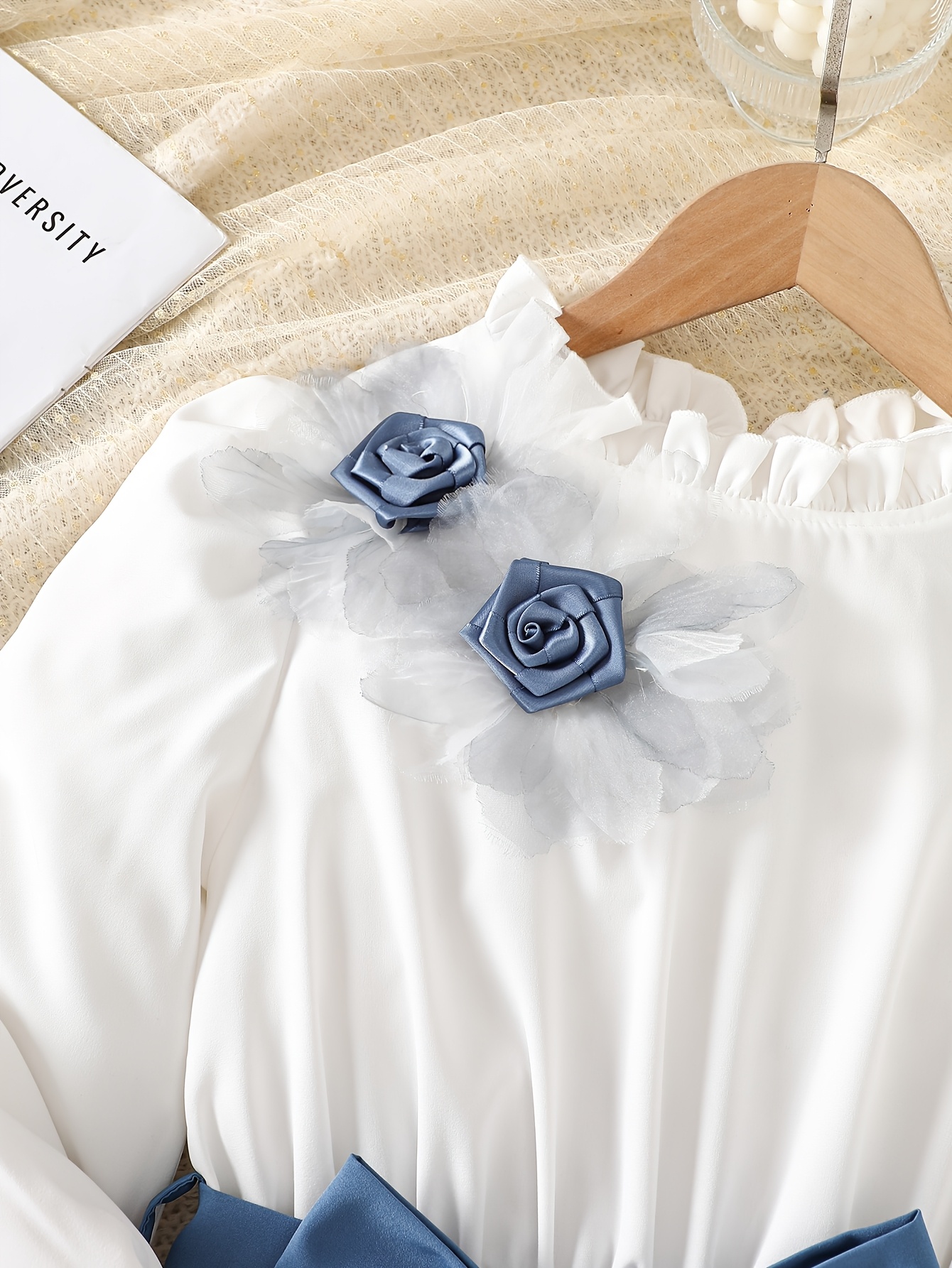 Girls' Blue White Tulle A-Line Dress with Bow Detail