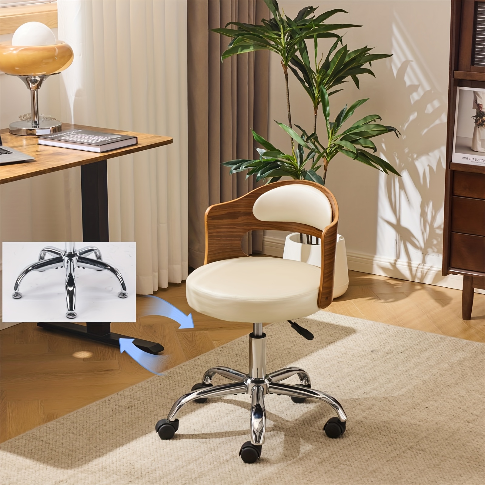 Bonnlo Adjustable Height Home Office Chair - Armless Swivel Desk Chair with Manual Height Adjustment, Curved Walnut-like Backrest, White & 5-Star Base-Like Stability (No Wheels) for Small Spaces, Study, Computer Desk - Space