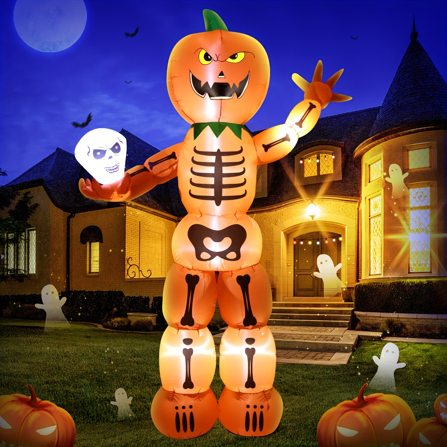 

8 Ft Tall Halloween Inflatables Outdoor Decorations, Giant Skeleton Stacked Pumpkin Man Holding , Led Lights Holiday Blow Up For Halloween Party Garden Yard Lawn Décor