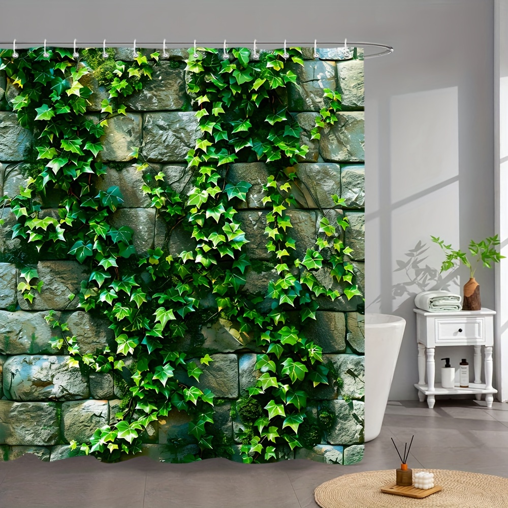

1pc Garden Scenery Shower Curtain, Evergreen Ivy On Stone Wall Background, Green Plant Landscape With Bamboo Court View, Modern Stylish Home Bathroom Decor, 70.8 X 70.8 Inches, With Hooks