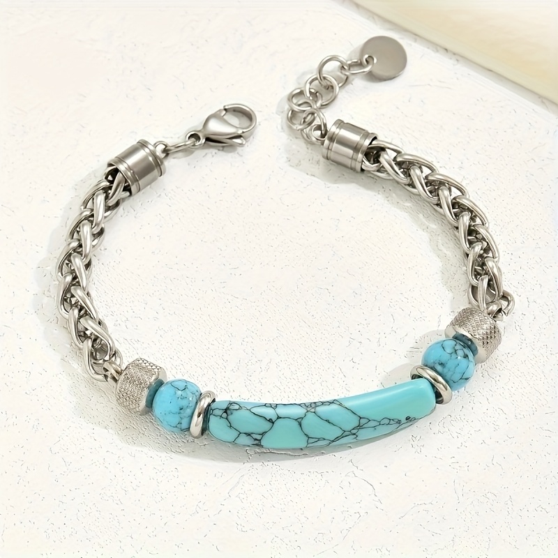 TEMU European American Stainless Steel Turquoise And Obsidian Bead Women's Bracelet - December Birthday Stone Jewelry, Elegant Bohemian , Christmas