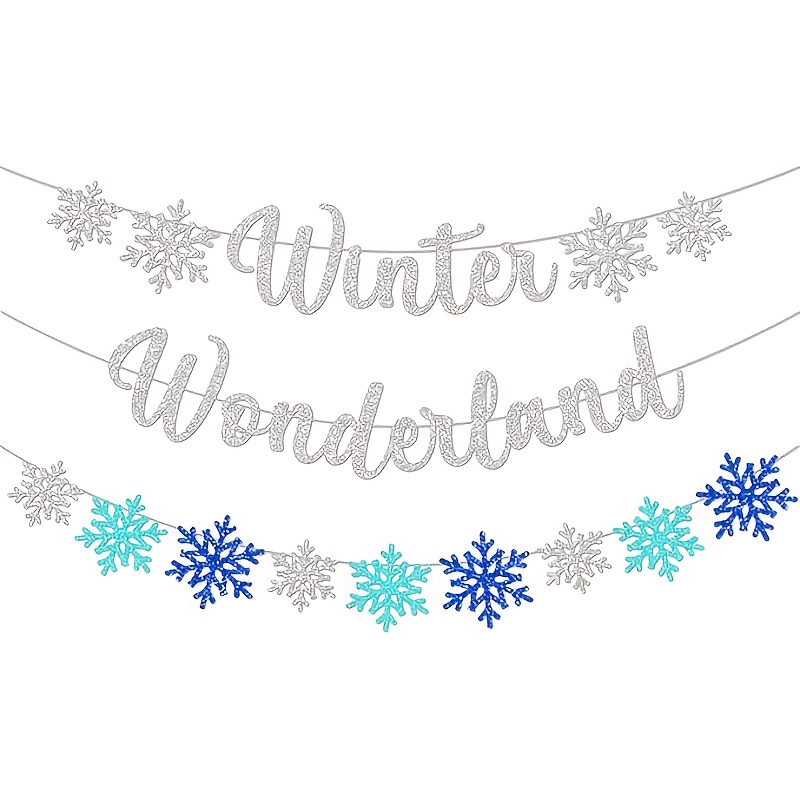 Image of 3pcs Of Winter Banners, Sparkling Snowflake Banners For Christmas Decoration, Wreath Photo Props Banner For Party Home Decor (silver And Blue)