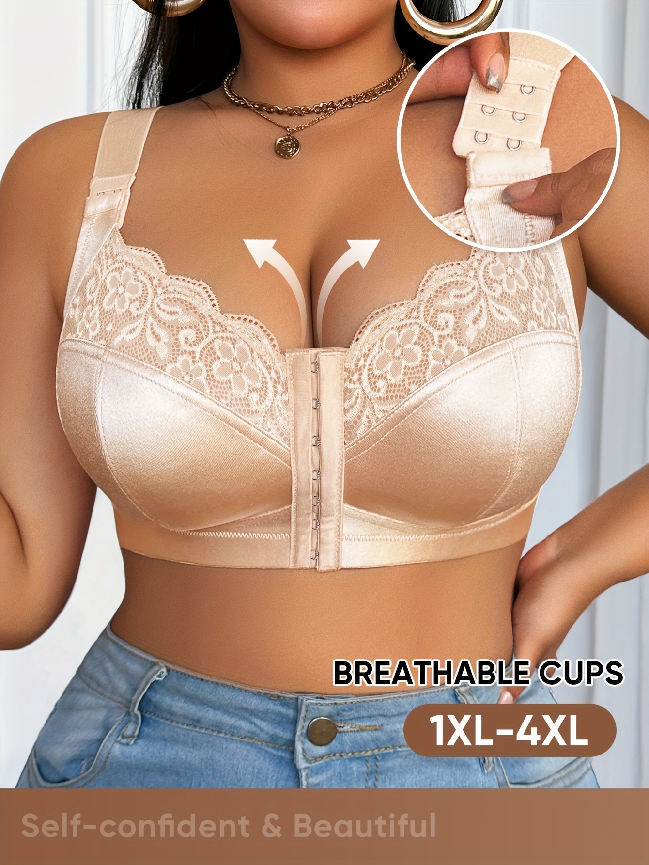   biustonosz damski plus size, pełny, zakrywający biust, pełny, zapięcie na fiszbiny z przodu, regulowane wykończenie koronką, biustonosze pełnowymiarowe, dd eff fghijk, ciężki, można prać ręcznie Szczeg&oacute;ły produktu 8