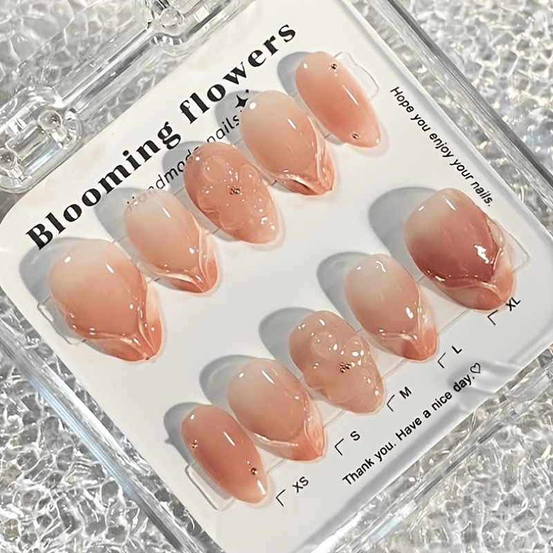 TEMU 3d Flowers Nail Medium Almond Press On Nail Acrylic Surface Glossy Pink Gradient Spring Summer Nail Tips Reusable With 3d Water Ripple & Golden