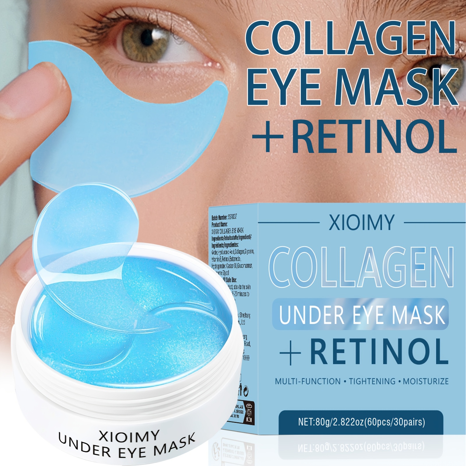 60pcs Xioimy Collagen & Retinol Under Eye Masks - Hypoallergenic Multi-Functional Gel Eye Patches for Tightening, Moisturizing & Firming - European Specialized Skincare for All Light Beige Types, Men & Women, Eye Patches Skincare, Gentle Skincare, Under-Eye, Hypoallergenic Material