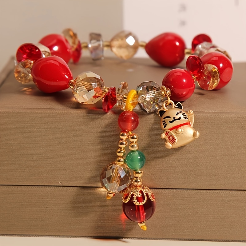 

Creative Lucky Cat With Red Beads Design Bracelet Elegant Vintage Style For Women Lucky Hand Decor