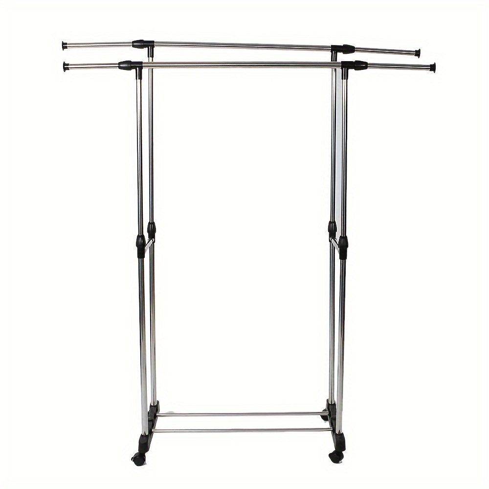 

1pc Dual-bar Clothes Rack On Wheels, Retractable Clothing Stand With Shoe Shelf, Suitable For Hanging Clothes, Garment Rack, Home Storage & Organization, Bedroom Accessories