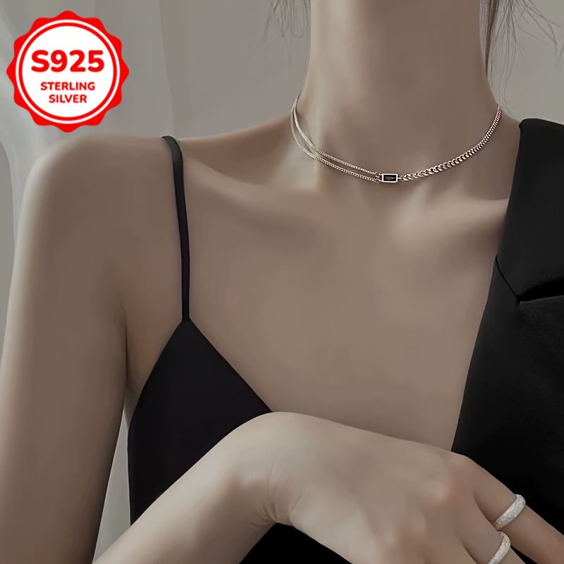 925 Silver Double Layer Necklace Vintage Square Chain for Couples & Friends