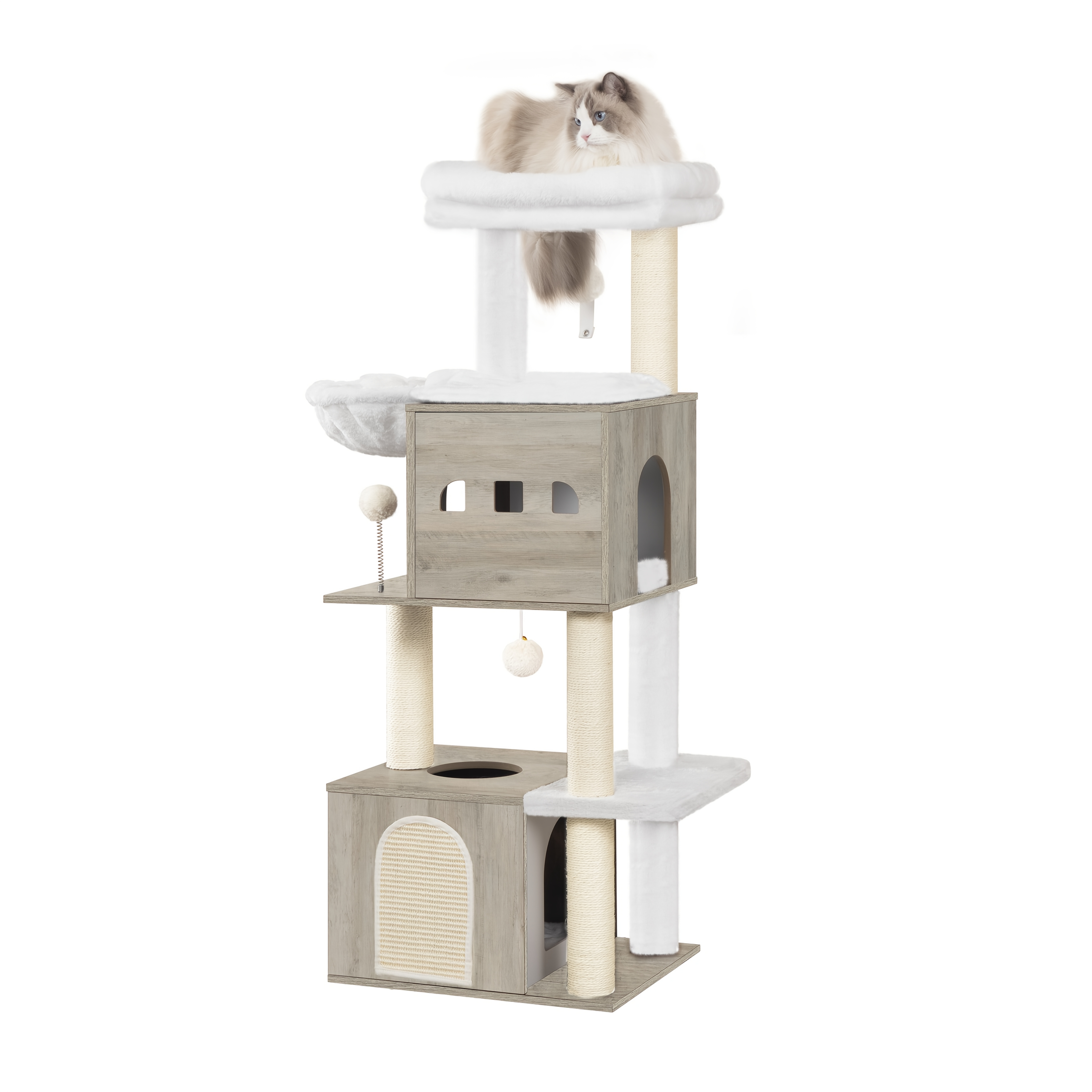 130 Cm Tall Scratching Post, Multi-level Wooden Cat Scratcher Featuring 4 Posts, 2 Cozy Cat Caves With Padded Beds, And Platforms, Designed For Indoor