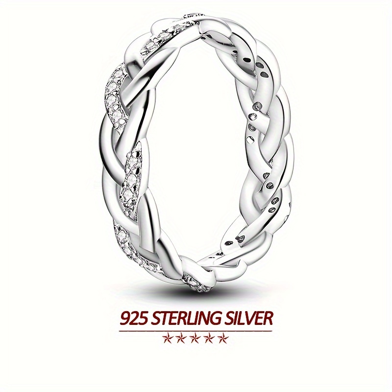 

925 Sterling Silver Infinity Weave Design Ring, Hypoallergenic Inlaid Sparkling Zirconia Stackable Band, Luxury Jewelry Gifts For Women