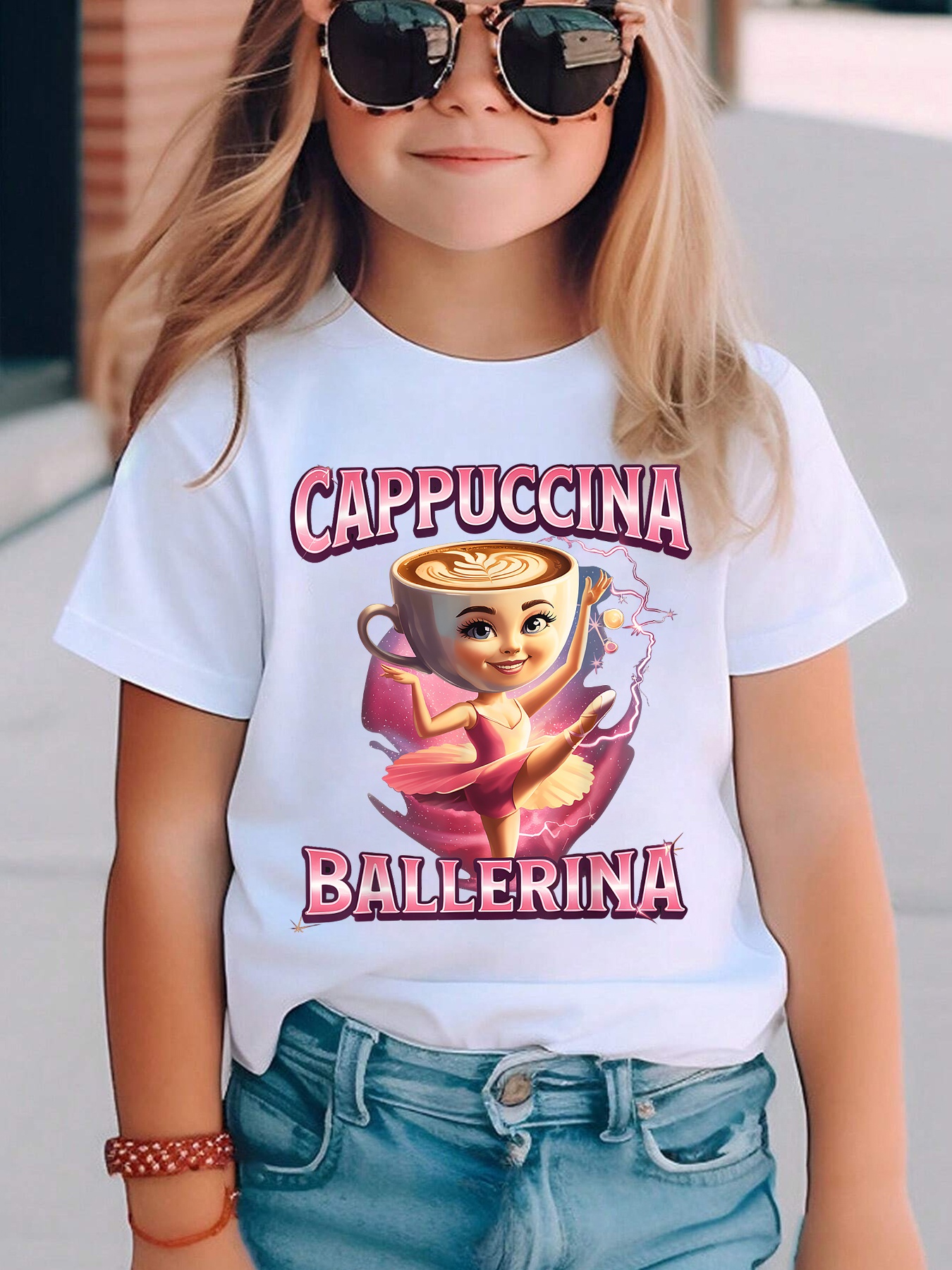 Лятна Модна Момичешка Тениска с Къс Ръкав Италианска Мозъчна Рот CAPPUCCINA BALLERINA Happy Cappuccino Ballerina Анимационен Принт Ежедневен Топ NY-DX8168