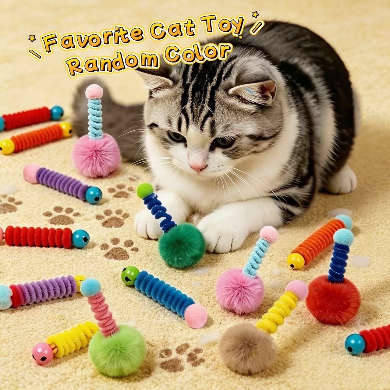 TEMU Colorful Cat & Squeaky Toy Set, Interactive Teaser, Anti Boredom Self Play, Bite Resistant Molar Chew Toy For Kittens, Random Color Pet Supplies