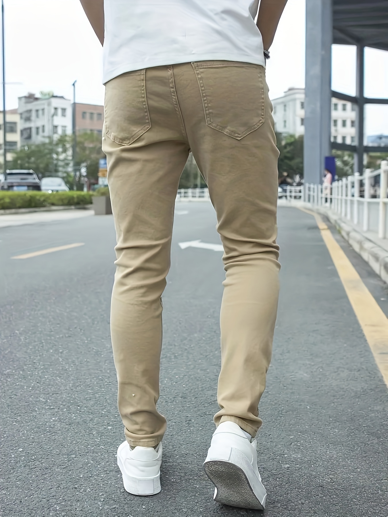 Plus Size Men's Ripped Solid Denim Trousers With Pockets, Causal Cotton Blend Slim-fit Jeans For Outdoor Activities