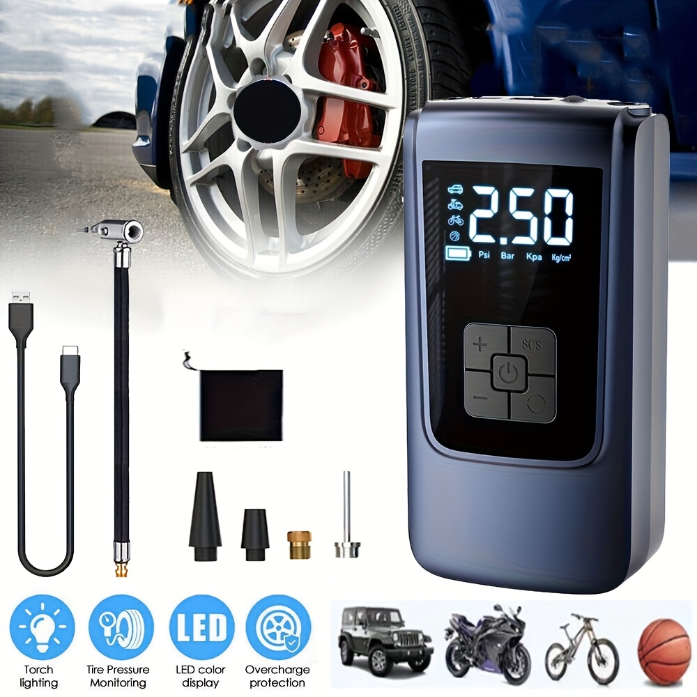 TEMU 150psi Portable Air Compressor For Tires - Wireless Car Tire Pump Featuring Pressure Gauge, Led Light, Usb Rechargeable, And A Large Lithium