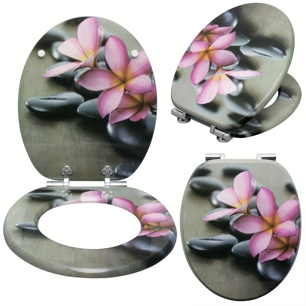 1pc Premium Toilet Seat With Soft Close, Mdf Wooden Core, Soft Close Hinge, Design Decor, O Shape