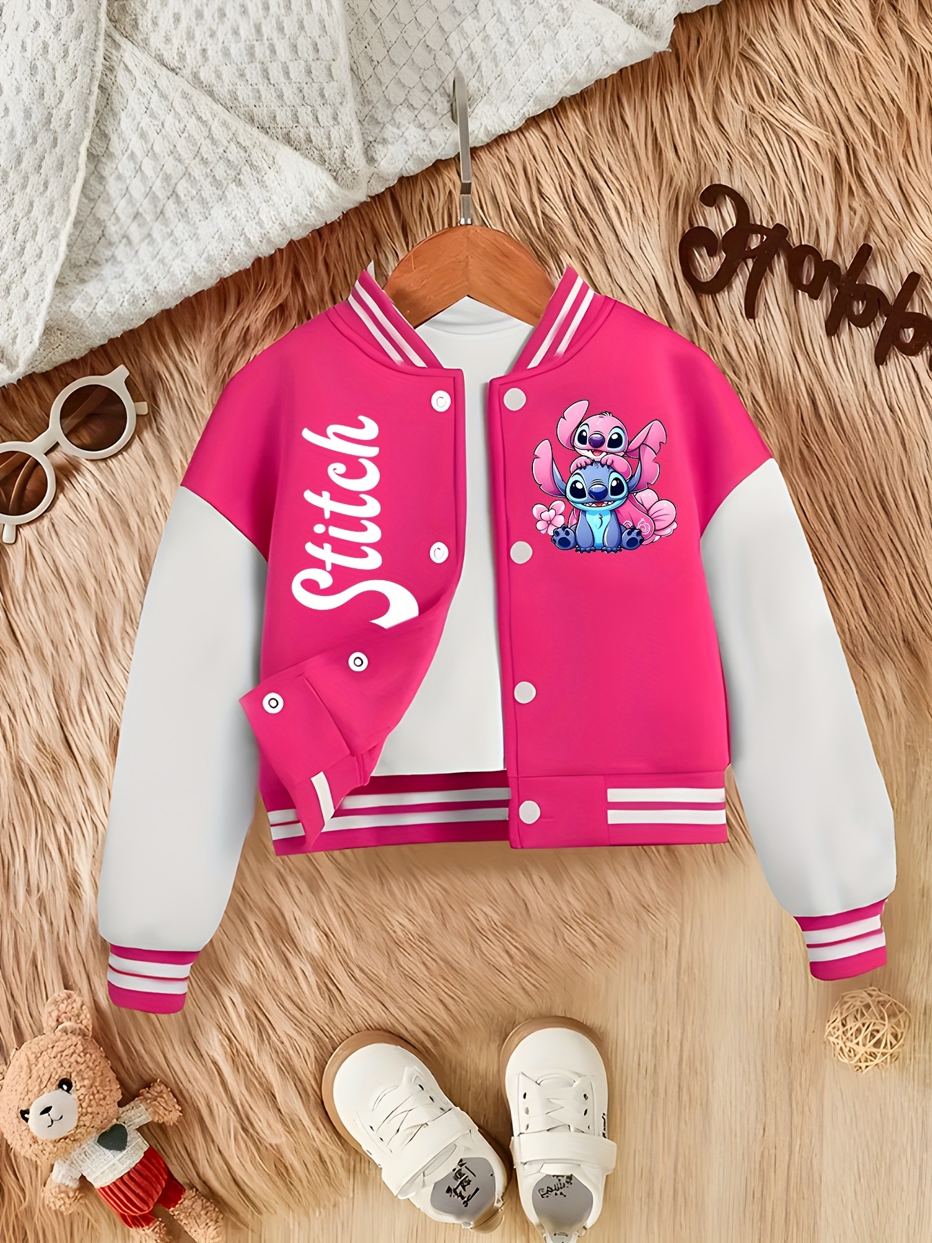 Double-Sided Print Girls Baseball Jacket Black with White Pink  Accents, Casual Baseball Collar Fall/Winter, Stylish Versatile Design for  *'