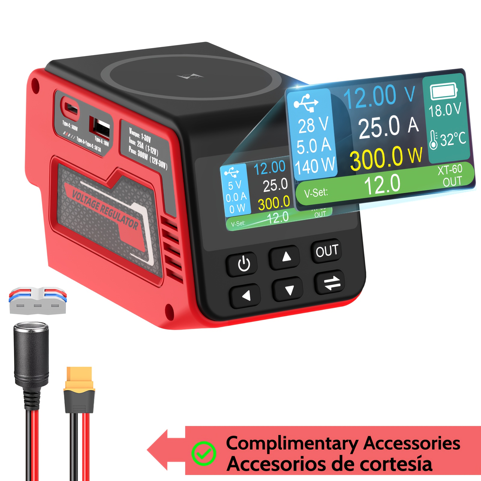 TEMU 300w Max Voltage Regulator For Red Mi-w-k 18v Battery | Portable Power Converter Support 2v-30v Voltage Regulator With Wireless Charging & 2 Usb
