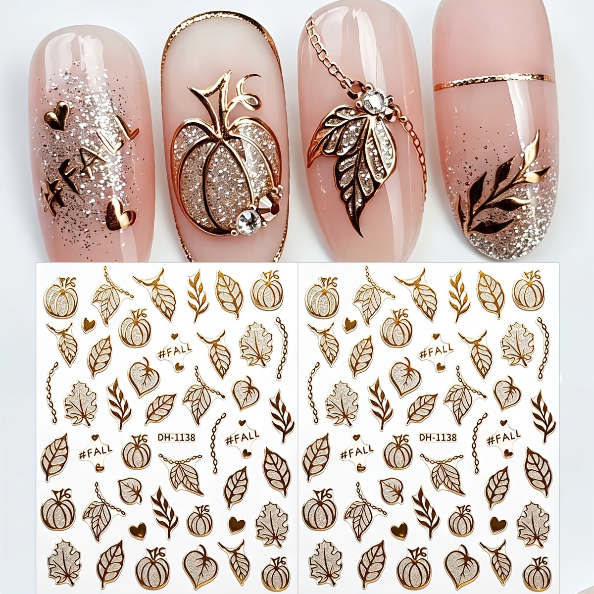 TEMU 2pcs Glitter Autumn Maple Leaf Pumpkin Nail Stickers Metallic Leaf Heart Chain Nail Decals Fall Letter Halloween Nail Decor For For Women Nail