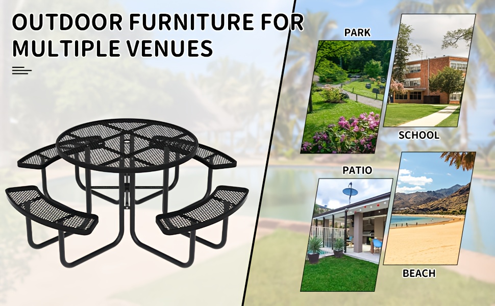 Heavy Duty Outdoor Metal Table and Bench Set Compatible for - -Weather Coated Steel Frame & Plastic Tabletop, Easy Assembly Outdoor Furniture for Park, Patio, Playground, School, Campsite - & Low Maintenance