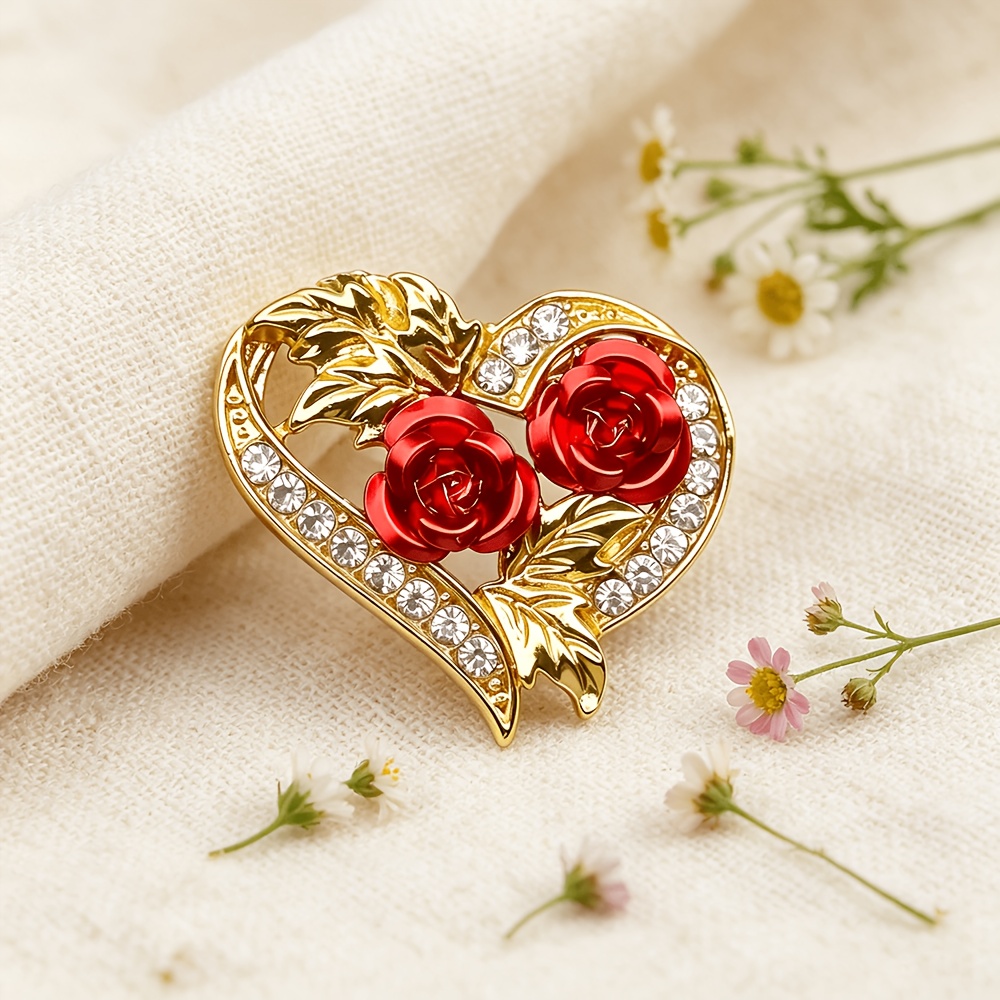 TEMU Broche Vintage de Cœur avec , Design en Métal Creux, Incrustée de Strass Étincelants, avec Feuilles en Relief, et Élégante, Unisexe, Idéale pour