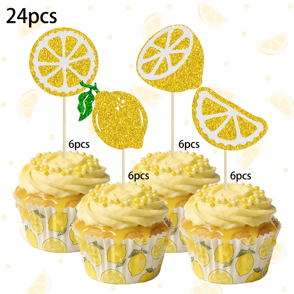 12/24pcs Golden Glitter Lemon Cupcake Toppers - Lemon & Whole Picks, Lemon Theme Summer Party Decorations For Birthday Dessert Table