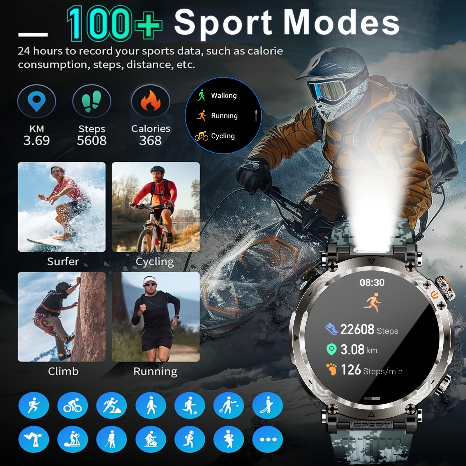 Montre Connectée de Sport d'Extérieur 1.7 pouces, Convient aux Hommes, Supporte Wireless 5.0, Écran IPS 360P, Boîtier en Alliage, en Silicone, Batterie Rechargeable 600Mah, Plus de 100 Modes Sportifs, Boussole, Fonction de Conversation, Chargement USB, Super Lampe Torche