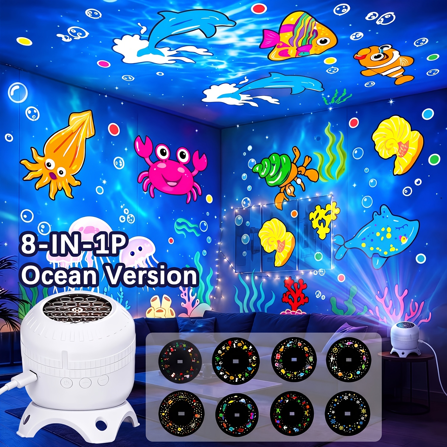TEMU 8pcs Hd Film 9-in-1 Christmas Projection Lights And Ambient Night Lights, With 8 High-definition Film Patterns, Usb Ceiling/wall Dual-use,