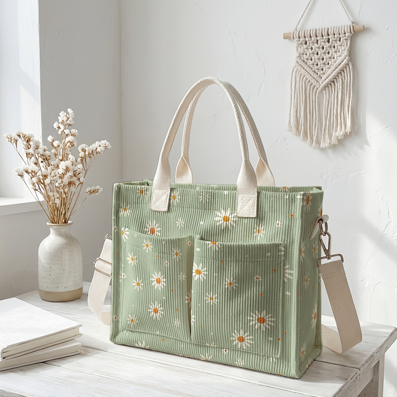 TEMU 1pc, 2d Printed Daisy Pattern Fashionable Tote Bag, Corduroy Material And Suitable For Hand Or Crossbody Carry. Convenient And Versatile For