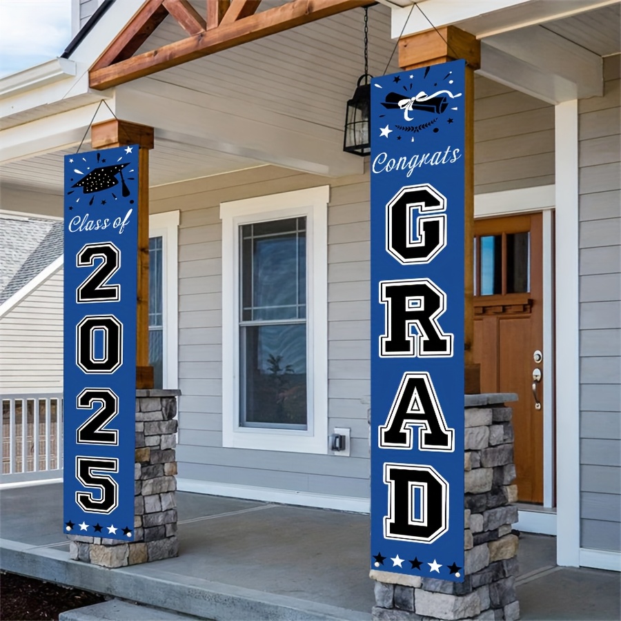 

1 Pair Polyester Graduation Banners 2025, Blue Grad Porch Sign Flags, Entryway Decor, Outdoor/indoor Hanging Decorations, With Hanging For Any School, Seasonal Universal Celebration