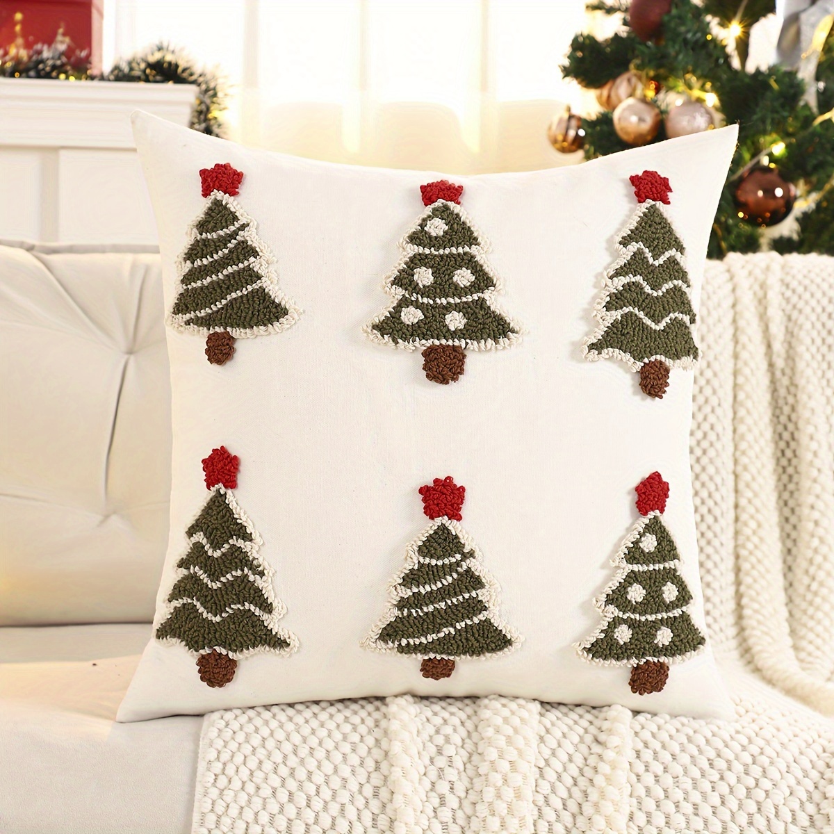1 Christmas Pillow Cover With & Tree Embroidery - Cozy Tufted Canvas, Zipper Closure, Hand Wash Living Room Decor, Decor|seasonal Decor Item|intricate Embroidery