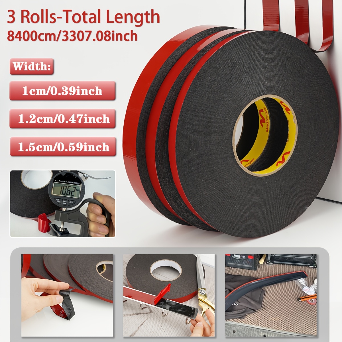 Image of 3 Rolls 3307.08 Inch Black Double-sided Tape | Pe Red Film, Soundproofing, Strong Sponge High , Temperature Resistant, For Automotive, Home, Led Strips, Festival Decoration Wall Sticker