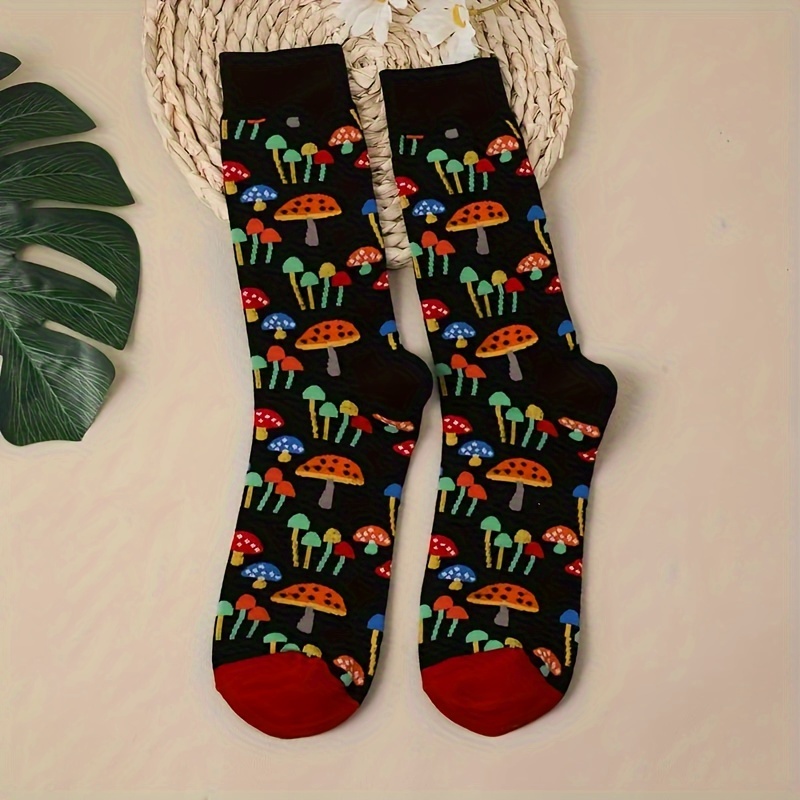 Image of A Pair Of Colorful Mushroom-patterned Trendy Mid-calf Socks For Men And Women