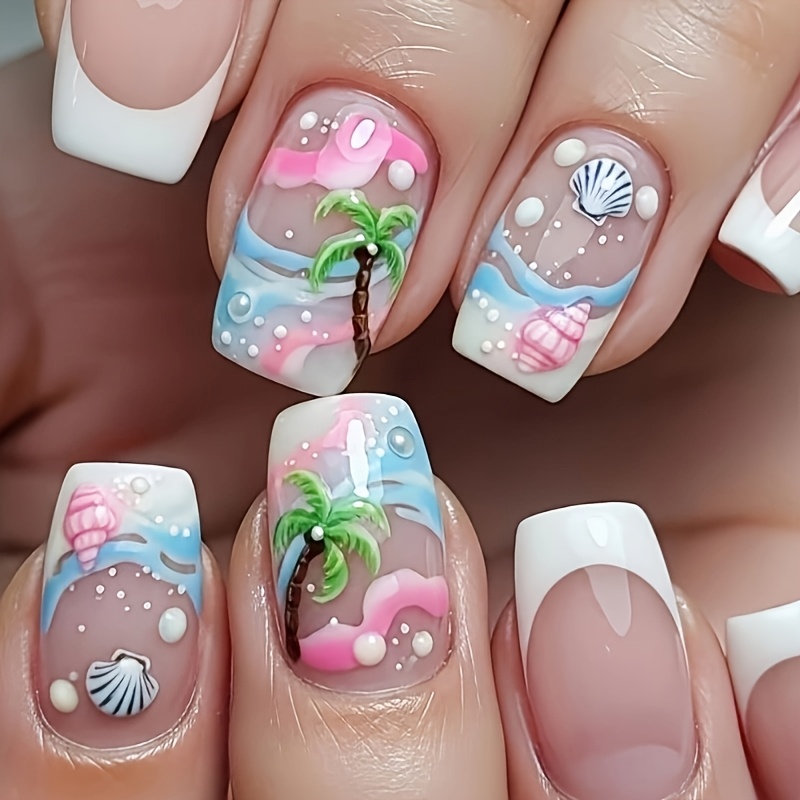 TEMU Upgrade Your Look: 24pcs Press-on Nail Set With Coconut Tree, Beach, Seashell, Ocean Wave, And White . Versatile And Elegant, White-tip False