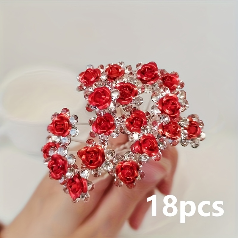 E-shop 18-teiliges Set, elegante rote U-förmige Damen-Haarklammern mit Rosen-Strasssteinen, multifunktionale verstellbare Braut-Haaraccessoires aus