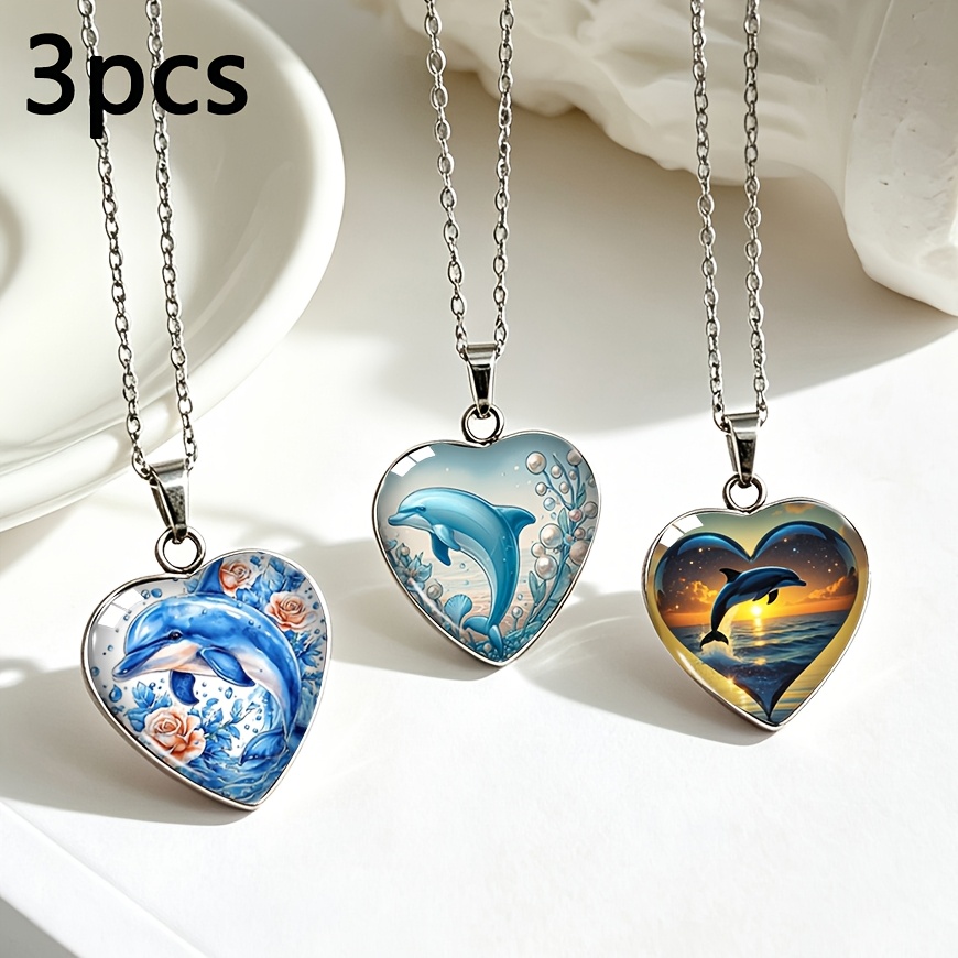 TEMU Ensemble de 3 en acier inoxydable de cœur, pendentif en verre cœur paysage de guérison surface de mer rose, ensemble de chaîne clavicule douce