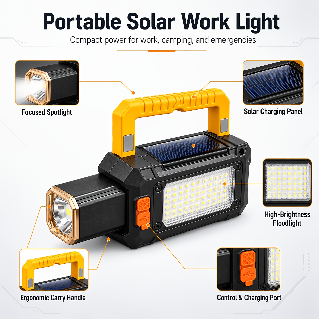 TEMU Led Flashlight, With Usb-c Fast Charging, 5-mode Light, Solar Charging With Cob Side Light, Large-capacity Battery, Suitable For Camping,