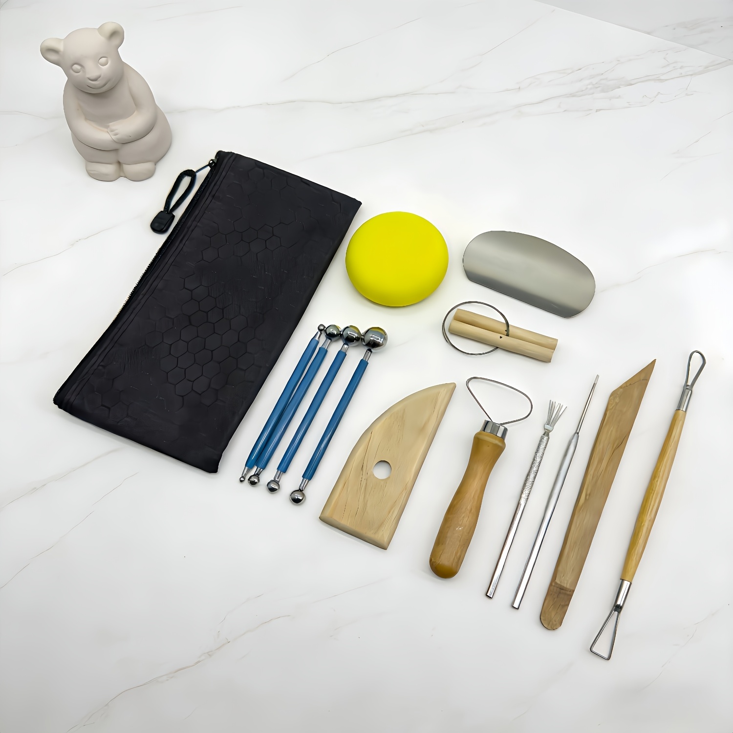 TEMU Ensemble d'outils de poterie 14 pièces avec sac de rangement, kit de sculpture en adapté aux loisirs créatifs, poterie artisanale, tournevis,