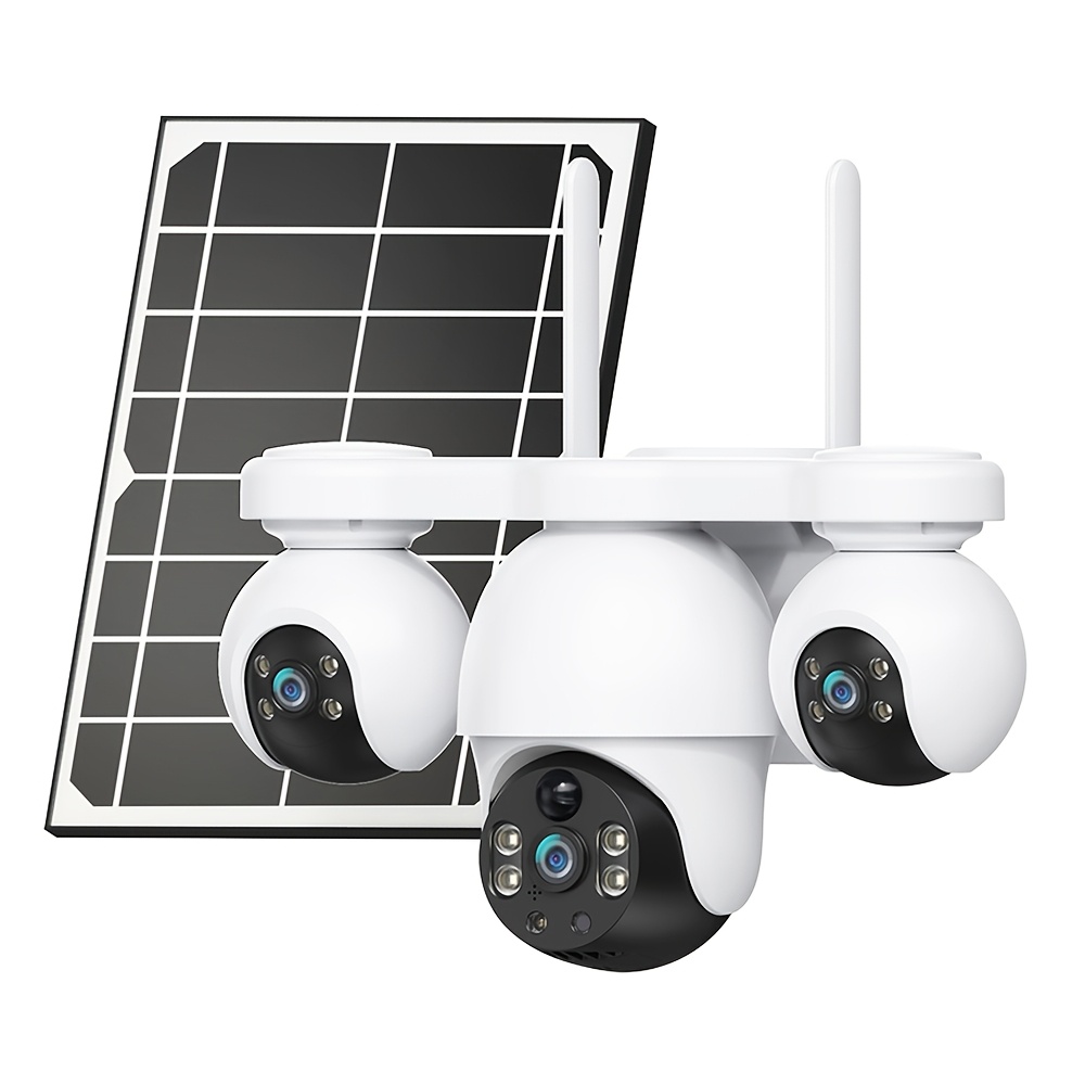 TEMU 8mp Outdoor Three-lens And Screens -one Solar Powered Security Monitoring Camera, 2.4ghz Wifi Connection, Intelligent Humaniod Detection, App